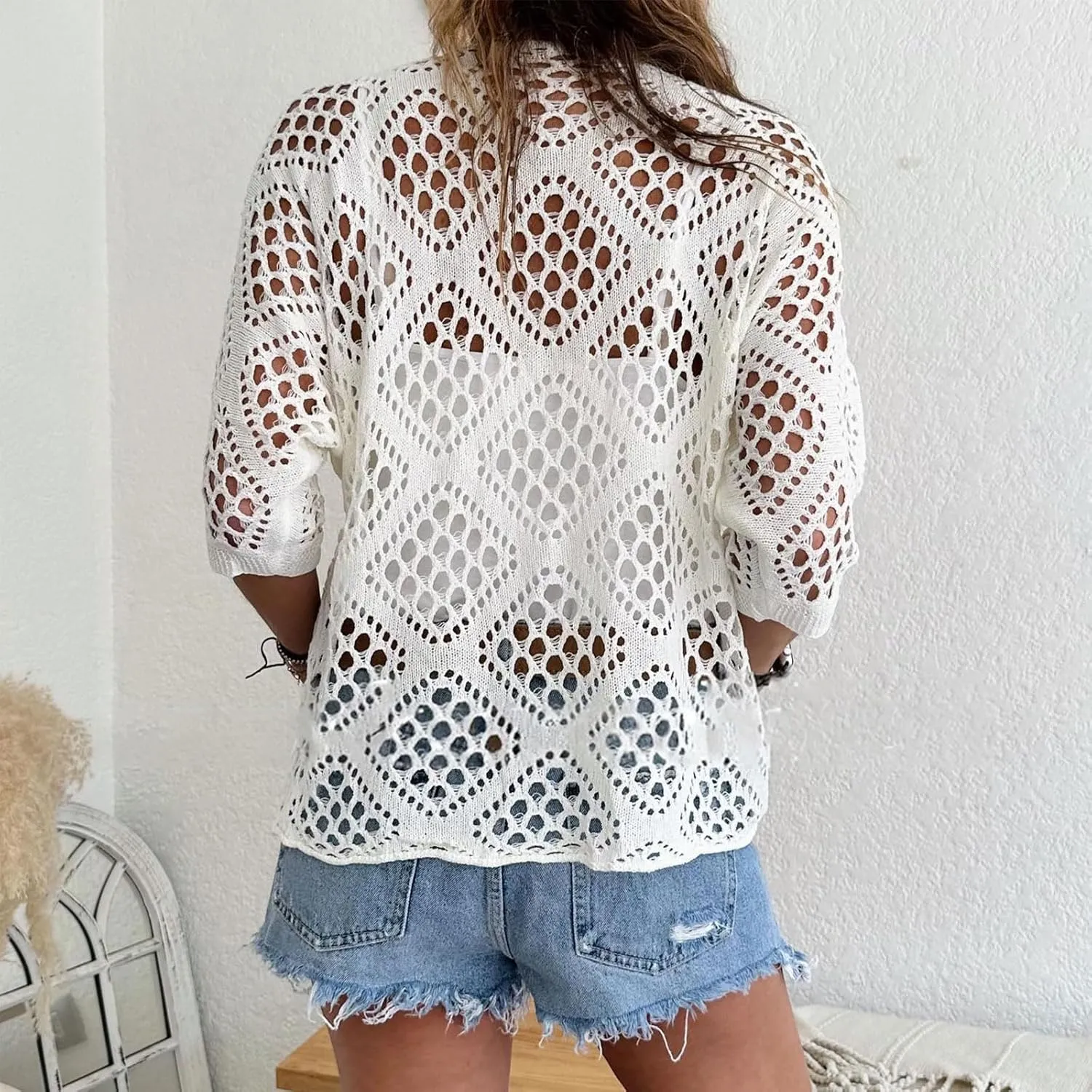 Womens Summer Crochet Top Hollow Out V Neck Long Batwing Sleeve Pullover Tops Sweater 2025 Beach Cover ups
