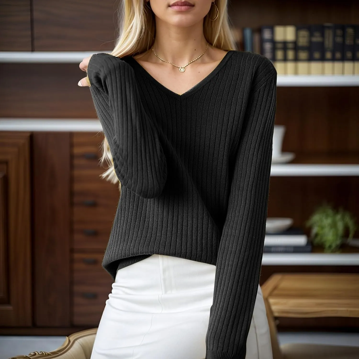 Women's Sweaters 2024 Fall Casual V Neck Solid Color Pullover Sweater Ribbed Slim Fit Basic Clothes Blouses