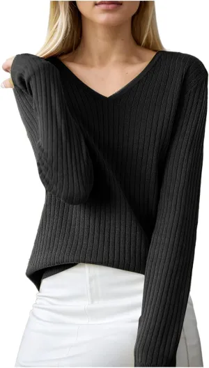Women's Sweaters 2024 Fall Casual V Neck Solid Color Pullover Sweater Ribbed Slim Fit Basic Clothes Blouses