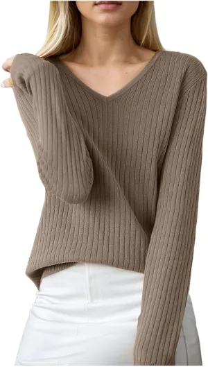 Women's Sweaters 2024 Fall Casual V Neck Solid Color Pullover Sweater Ribbed Slim Fit Basic Clothes Blouses