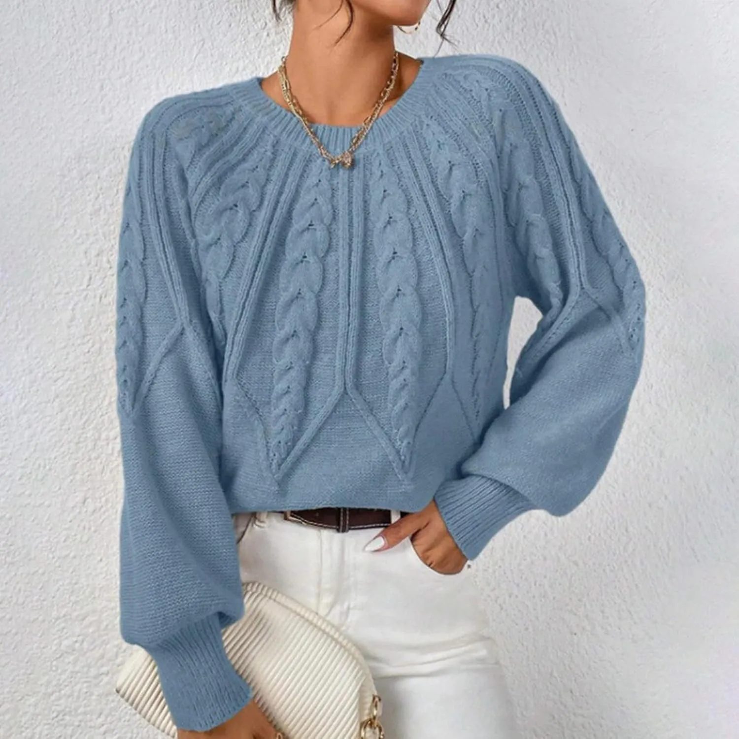 Womens Sweaters Solid Cable Knit Lantern Sleeve Crewneck Chunky Sweater Tops 2024 Fall Fashion Loose Outifits