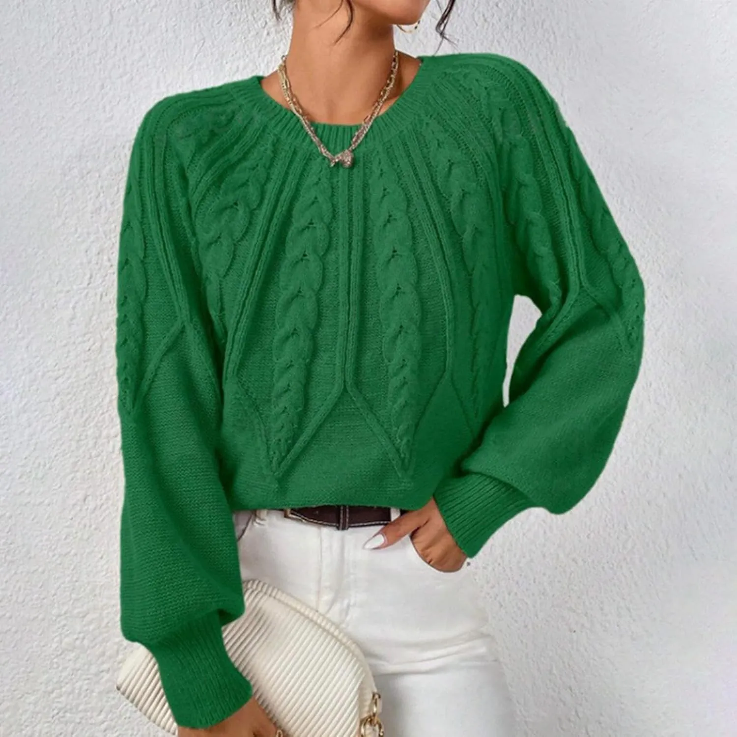 Womens Sweaters Solid Cable Knit Lantern Sleeve Crewneck Chunky Sweater Tops 2024 Fall Fashion Loose Outifits