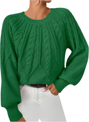 Womens Sweaters Solid Cable Knit Lantern Sleeve Crewneck Chunky Sweater Tops 2024 Fall Fashion Loose Outifits