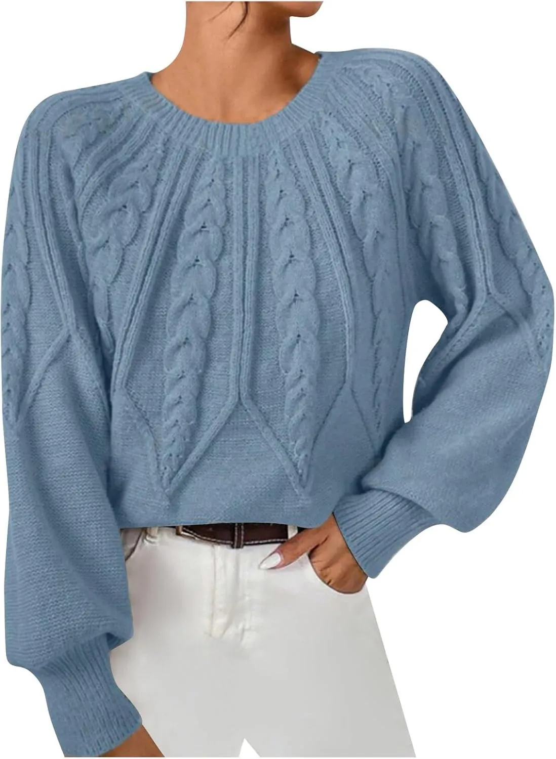 Womens Sweaters Solid Cable Knit Lantern Sleeve Crewneck Chunky Sweater Tops 2024 Fall Fashion Loose Outifits