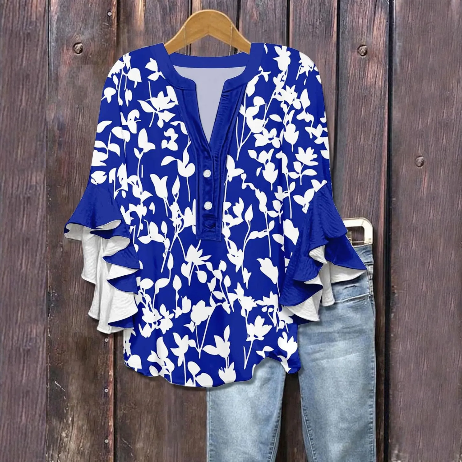 Womens Tops 3/4 Sleeve Shirts V Neck Loose Casual Tshirts Basic Soft Summer Tees
