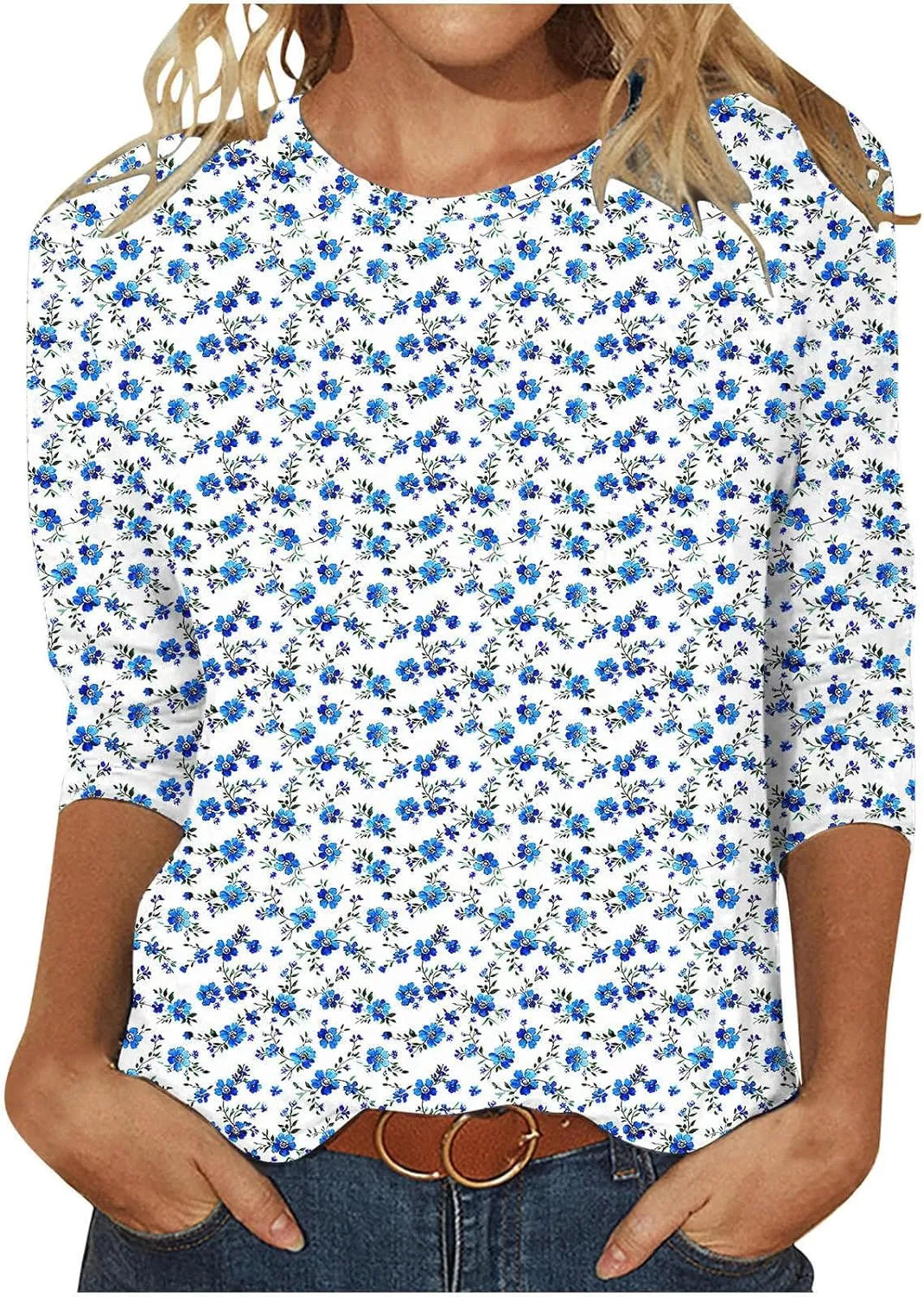Womens Tops Dressy Casual 3/4 Sleeve Round Neck Shirts Floral Printed Tunic Tee Shirts Cute Loose Fit Blouses Fashion