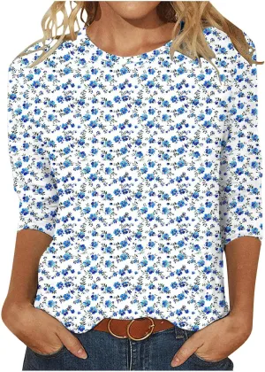 Womens Tops Dressy Casual 3/4 Sleeve Round Neck Shirts Floral Printed Tunic Tee Shirts Cute Loose Fit Blouses Fashion