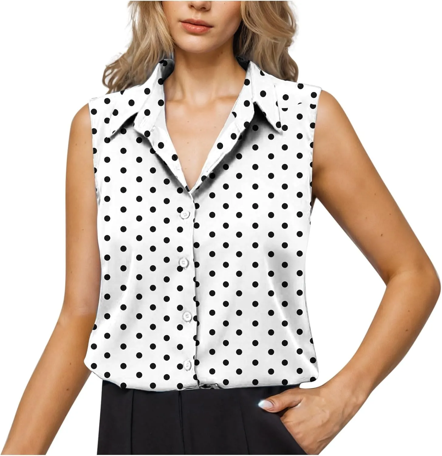 Womens Trendy Blouses Sleeveless Turndown Collar Button Up Printed Shirts Business Casual Loose Work Tunic Tops