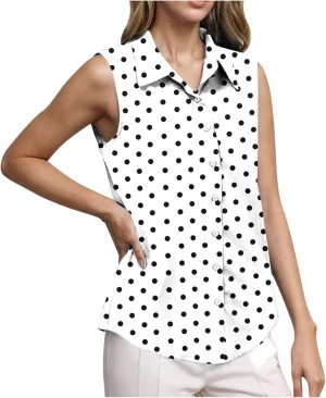 Womens Trendy Blouses Sleeveless Turndown Collar Button Up Printed Shirts Business Casual Loose Work Tunic Tops