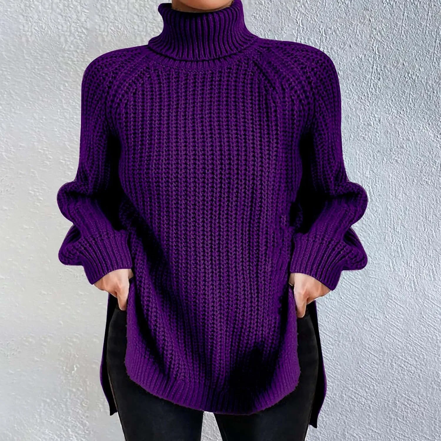 Women's Turtleneck Pullover Sweaters 2024 Slouchy Ribbed Knit Chunky Sweater Fall Winter Soft Classic Tops