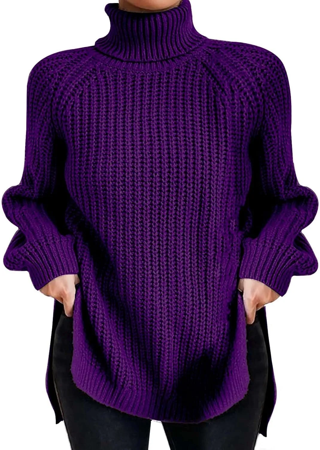 Women's Turtleneck Pullover Sweaters 2024 Slouchy Ribbed Knit Chunky Sweater Fall Winter Soft Classic Tops