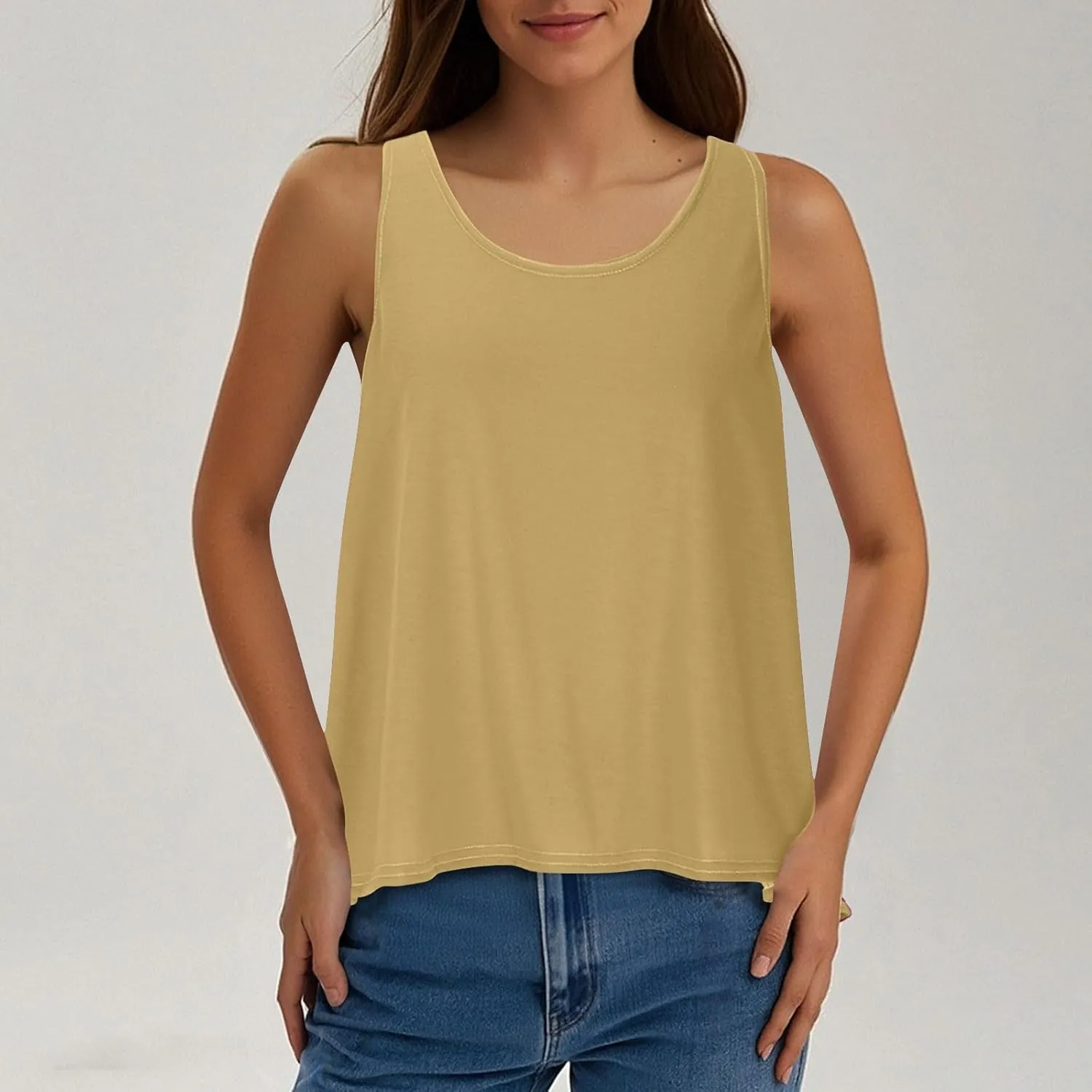 Women's Workout Tank Tops Casual Sleeveless Round Neck Loose Tee Shirt Solid Color Flowy Hem Summer Going Out Vest