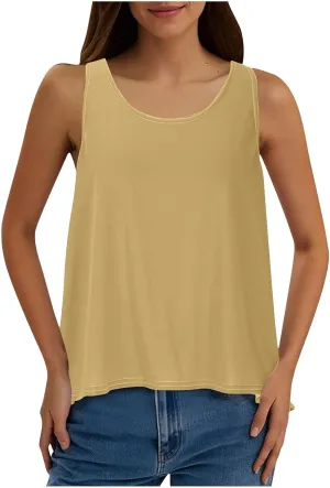 Women's Workout Tank Tops Casual Sleeveless Round Neck Loose Tee Shirt Solid Color Flowy Hem Summer Going Out Vest