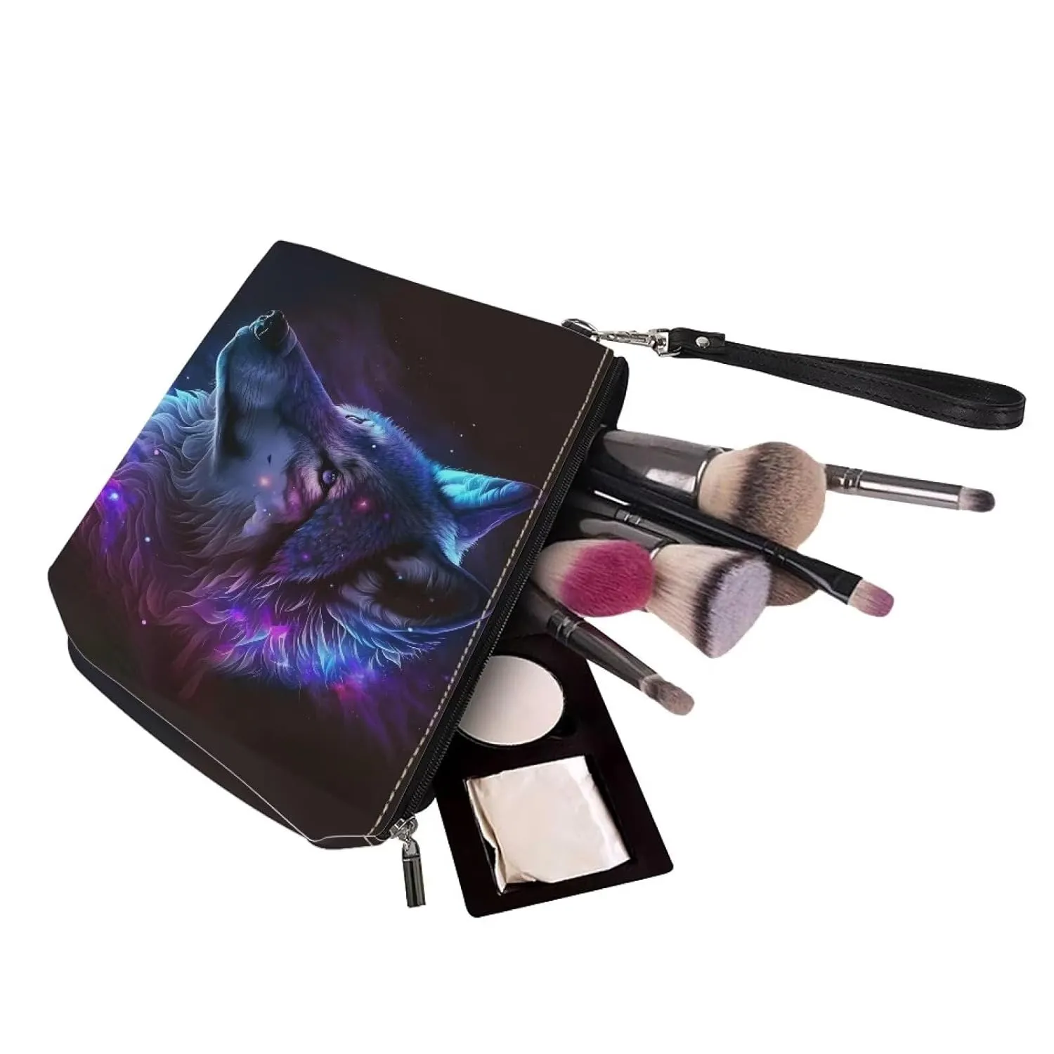 Xhuibop Galaxy Wolf Cosmetic Bag for Women Casual Toiletry Bag Small Makeup Bag for Teen Girls Pencil Clutch Bag Leather Cosmetic Pouch Ladies Holiday Gifts