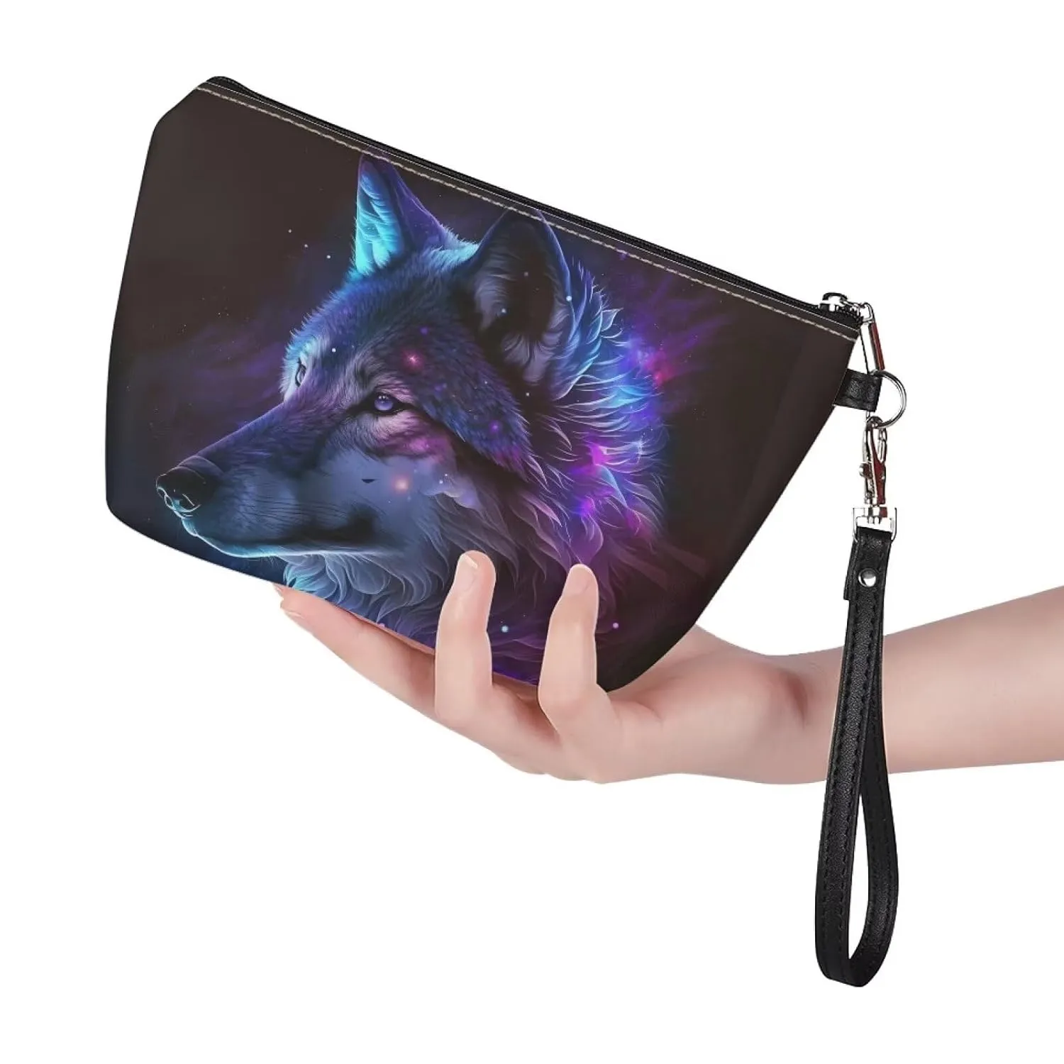 Xhuibop Galaxy Wolf Cosmetic Bag for Women Casual Toiletry Bag Small Makeup Bag for Teen Girls Pencil Clutch Bag Leather Cosmetic Pouch Ladies Holiday Gifts