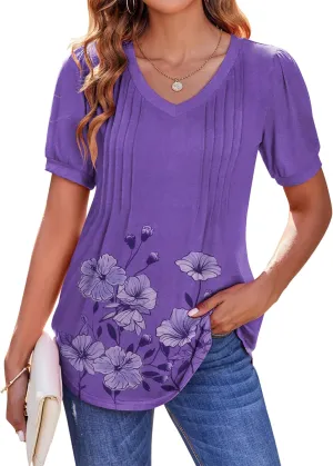 Zeagoo Women's Puff Short Sleeve Boho Shirts Casual V Neck Floral Solid Summer Blouse Pleated Tunic Top
