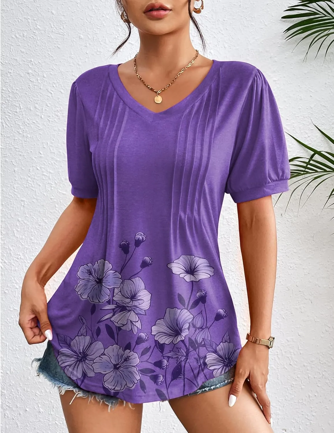 Zeagoo Women's Puff Short Sleeve Boho Shirts Casual V Neck Floral Solid Summer Blouse Pleated Tunic Top