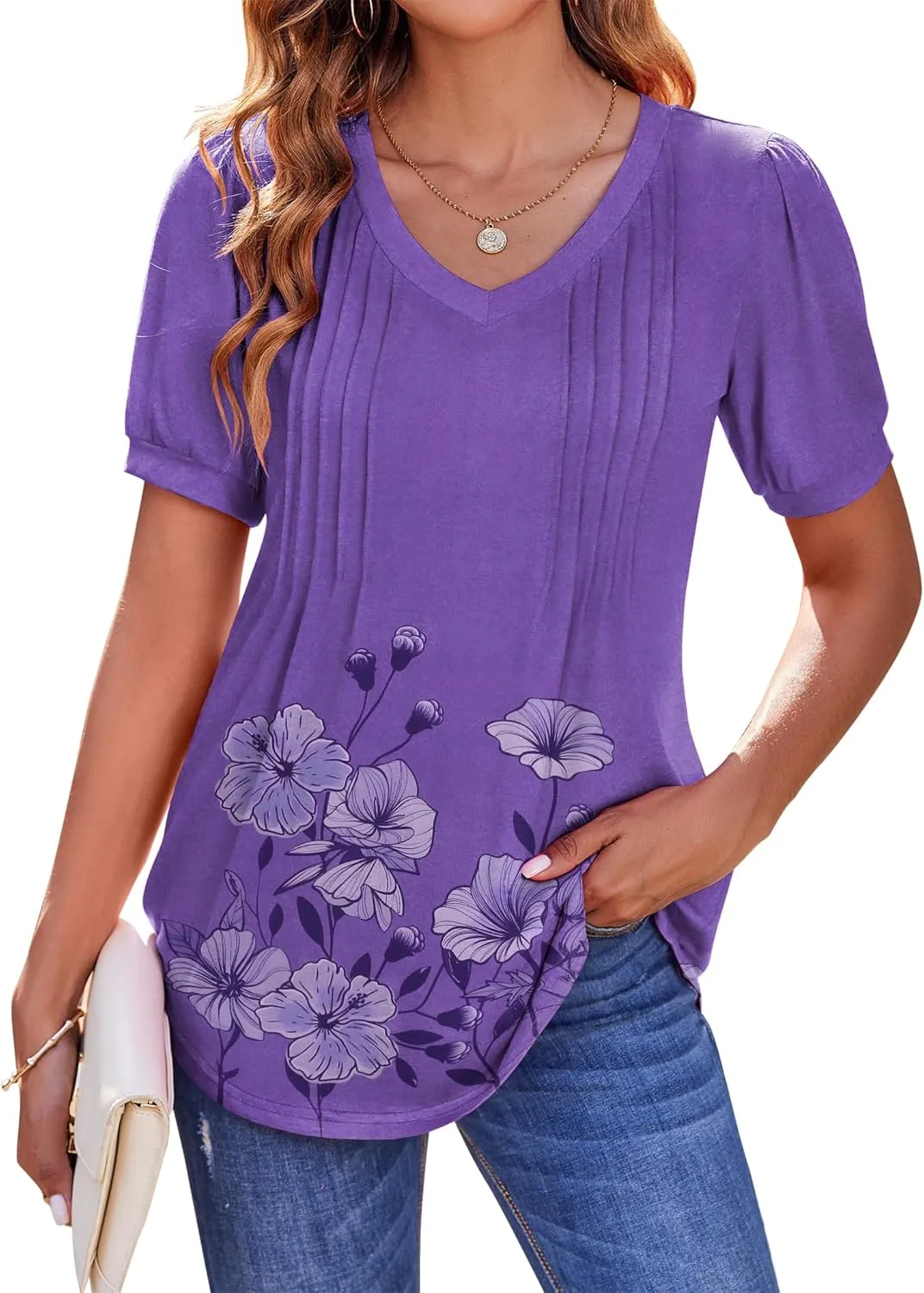 Zeagoo Women's Puff Short Sleeve Boho Shirts Casual V Neck Floral Solid Summer Blouse Pleated Tunic Top